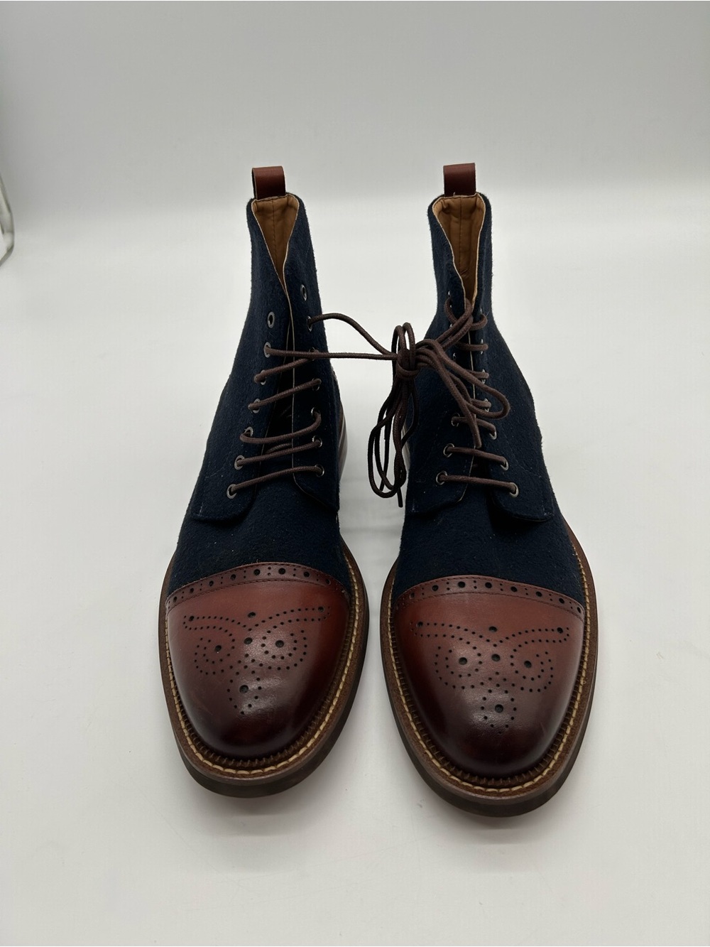 Moretti Gold Label Navy and Brown Cap-Toe Lace-Up Boots